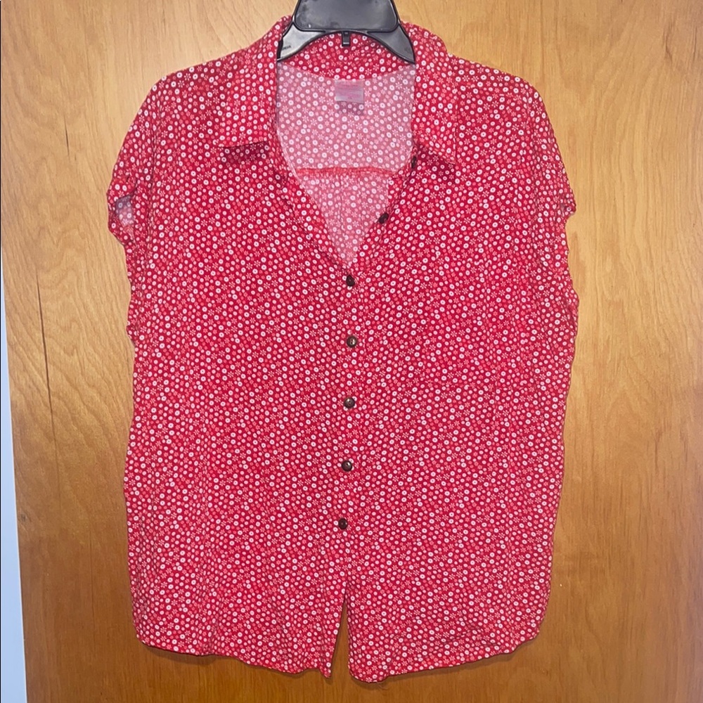Red Floral Button Shirt Blouse Top